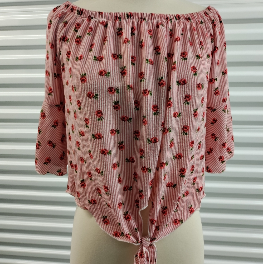 Picky Girl | Floral Stripe Off Shoulder Top with Tie Front/Bell Sleeves Size XL